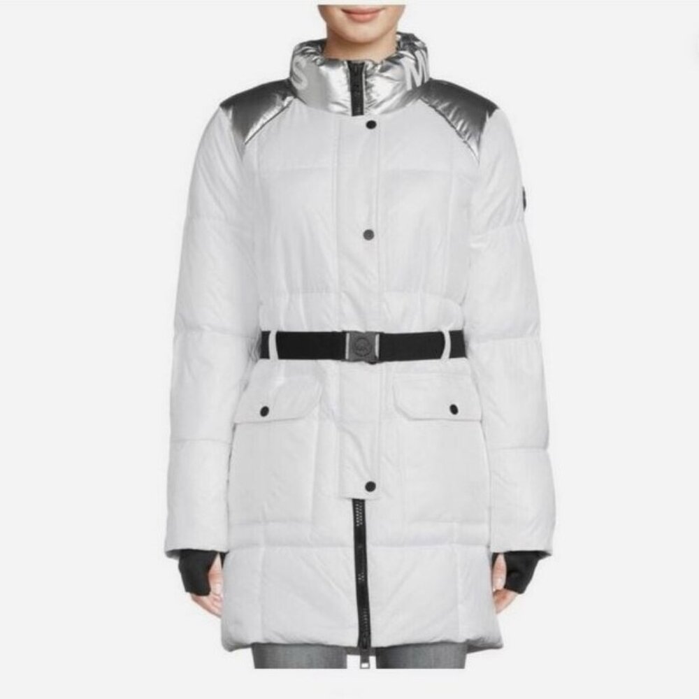 NWT MICHAEL KORS Belted Logo White/Silver Puffer Parka Coat, Sz L